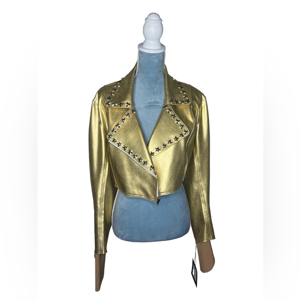 🦋SOLD🦋NORMA KAMALI Embellished Gold Foil Biker Jacket - Picture 2 of 8
